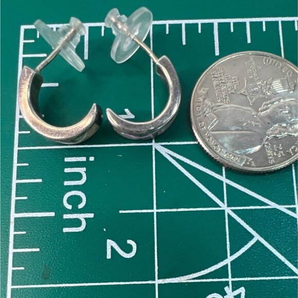 Vtg 90s Silver Pink Lab Opal Inlay Hoop Earrings 925 Huggies Southwestern Artisa - Picture 6 of 9
